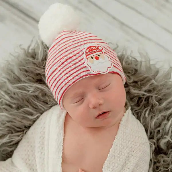Striped White Santa Fuzzy Pom Pom Hat