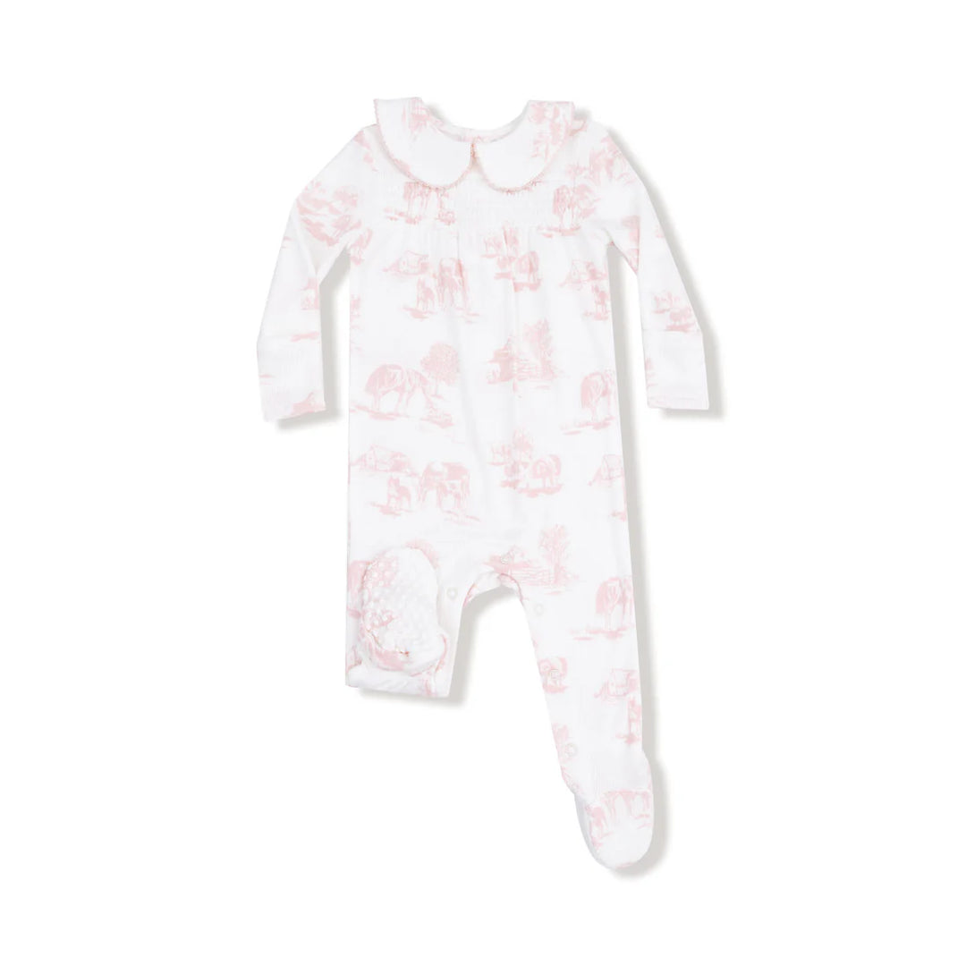 Pink Farm Toile Peter Pan Collar Zipper Footie