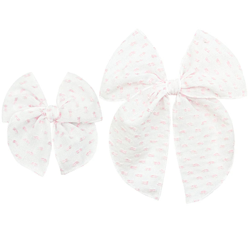 Cloud Muslin Heirloom Bow Clip - Pink Swiss Dot