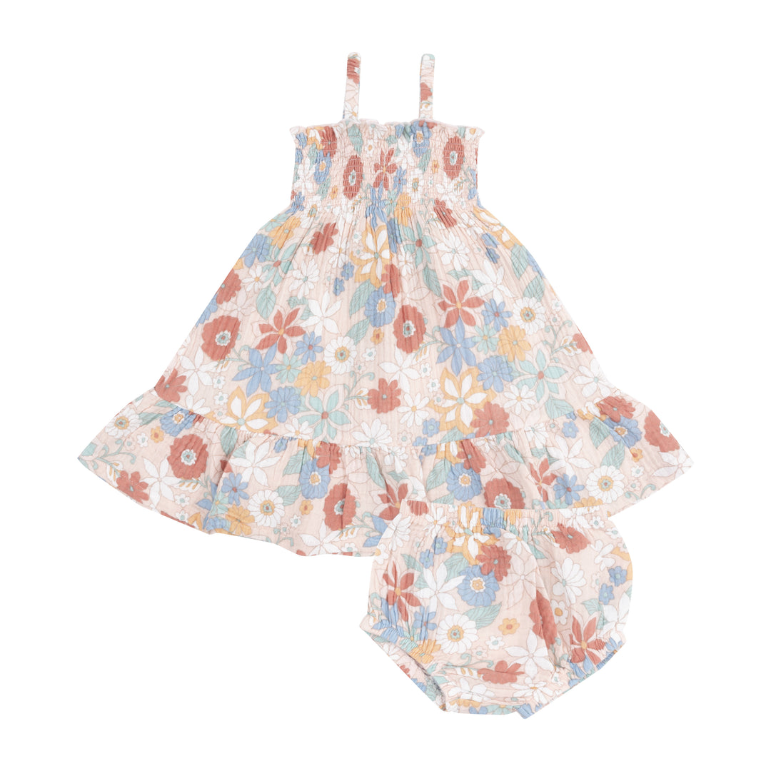 Tropical Retro Floral Tie Strap Smocked Sun Dress