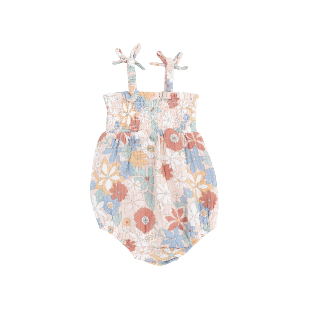 Tropical Retro Floral Tie Strap Smocked Bubble