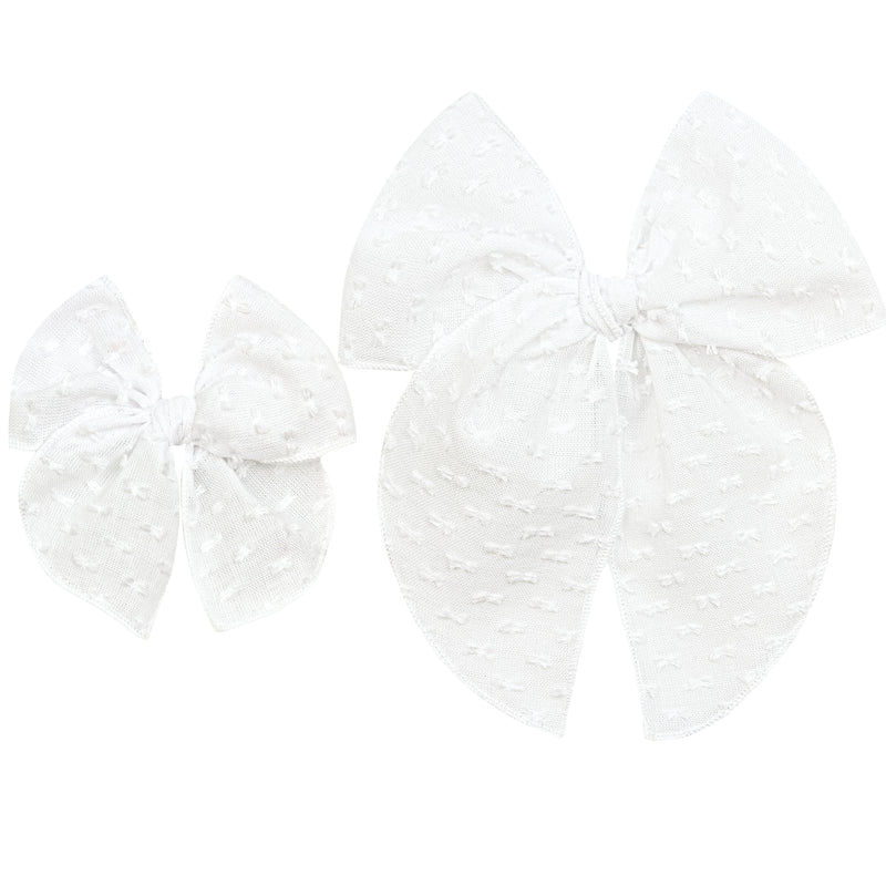 Cloud Muslin Heirloom Bow Clip - White Dot Swiss