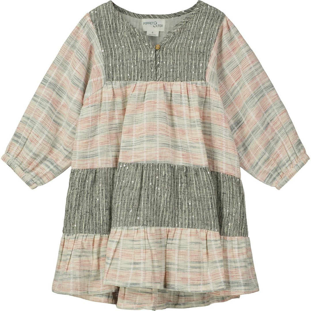 Stripped Tiered Dress- Grey and Pink