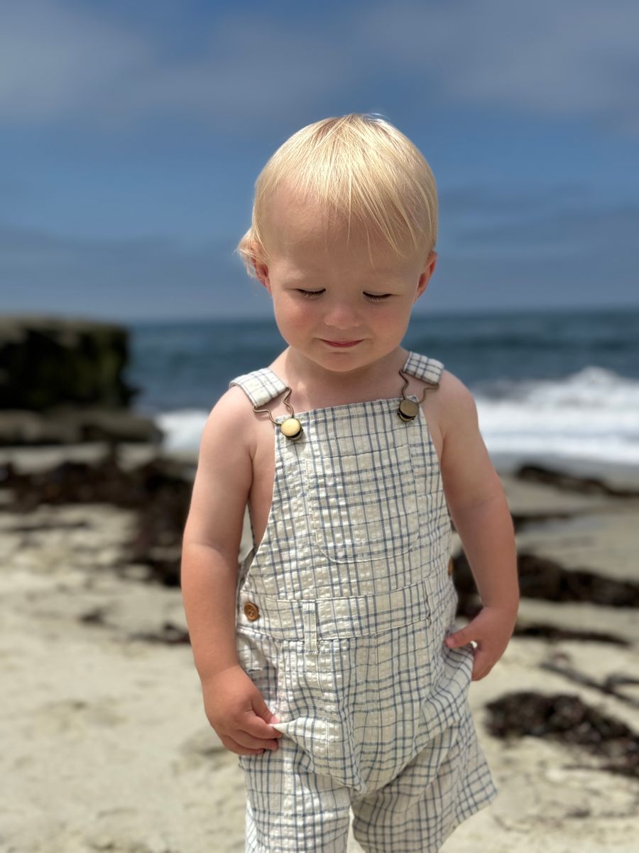 Galleon Woven Overalls - Chambray/cream plaid