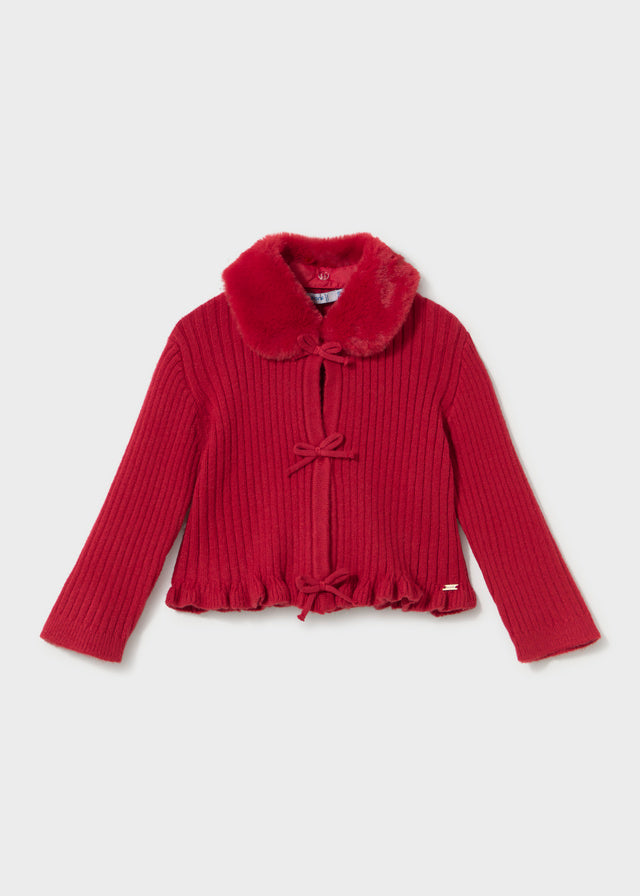 Faux Fur Collar Cardigan | Red 2386