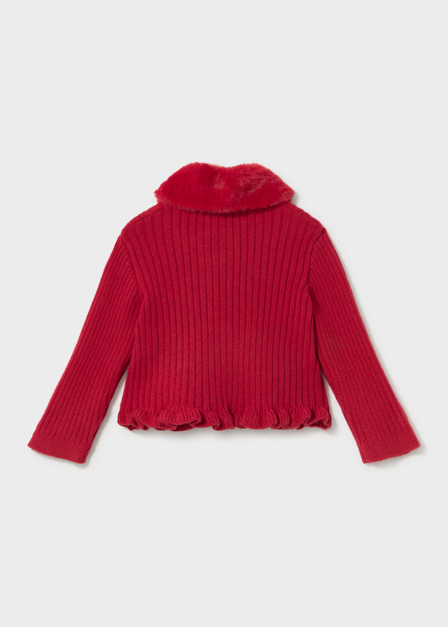 Faux Fur Collar Cardigan | Red 2386