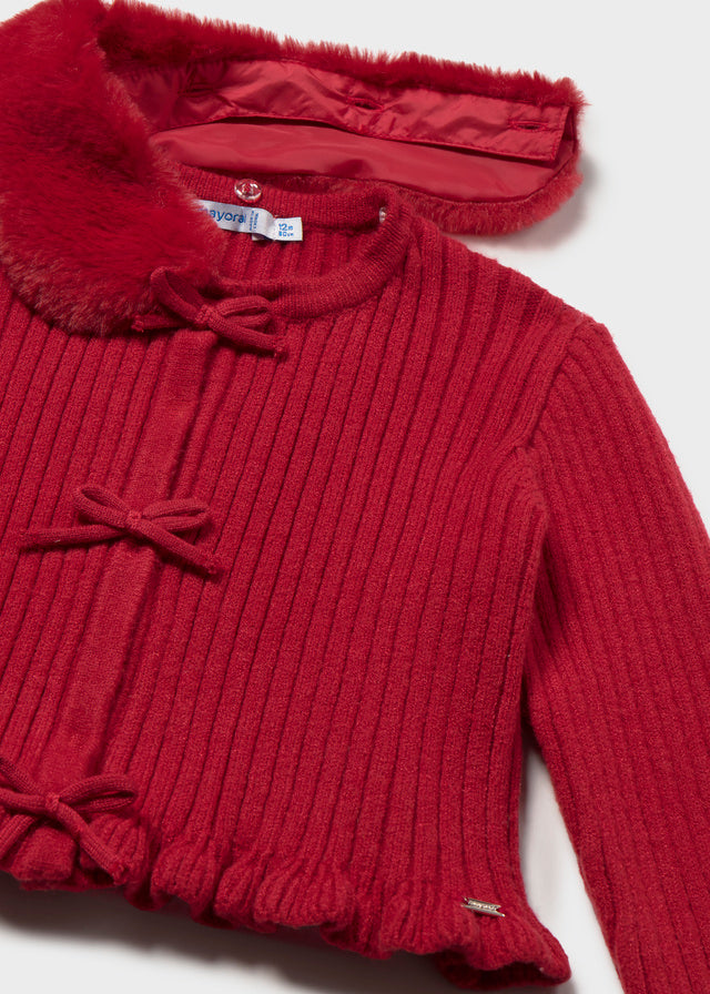 Faux Fur Collar Cardigan | Red 2386