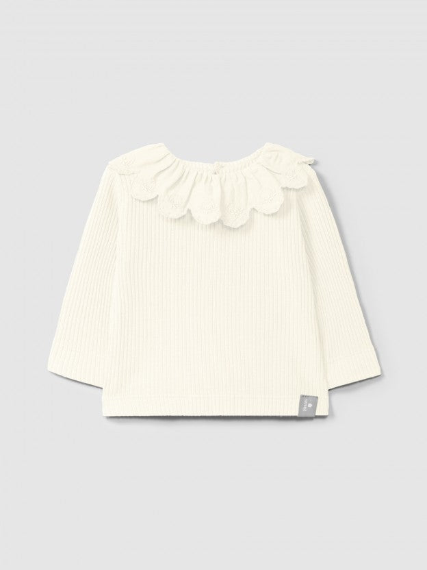 Ribbed Jersey Long Sleeve with Embroidery Collar - Natural