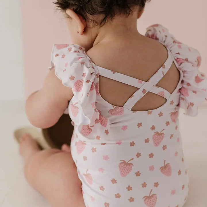Ruffle Sleeve Cross Back Swimsuit - Strawberries