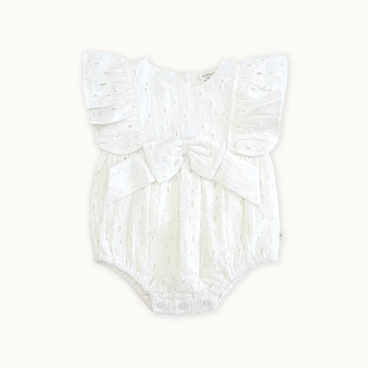 Luna Schiffli Ruffle Bow Romper - Off White