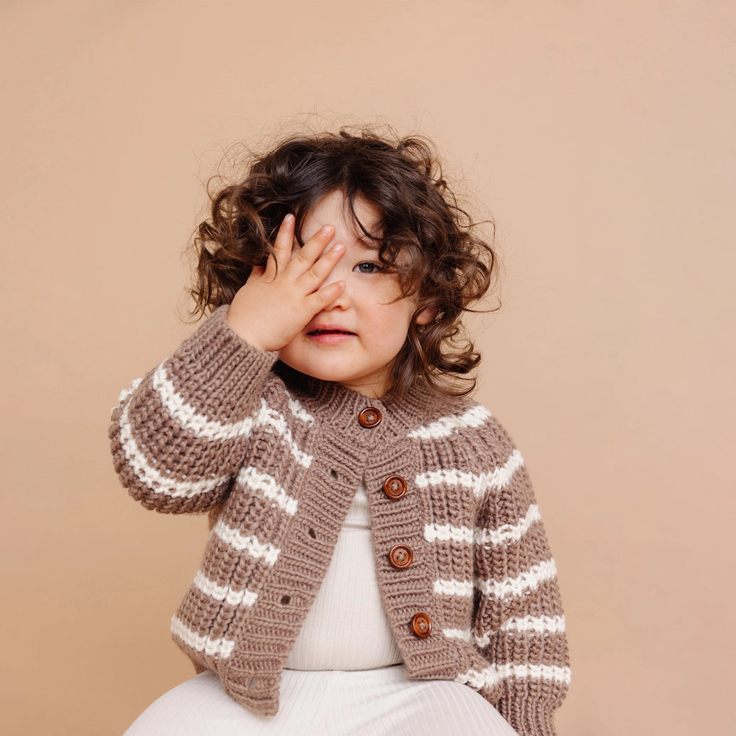 Rib Knit Stripe Cardigan - Tan