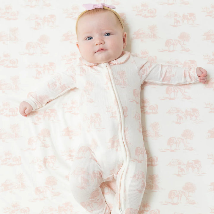 Pink Farm Toile Peter Pan Collar Zipper Footie