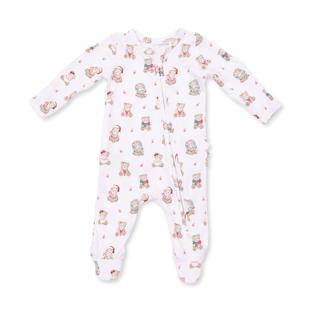Angel Dear Christmas Teddy Bears Pink 2 Way Ruffle Back Zipper Footie