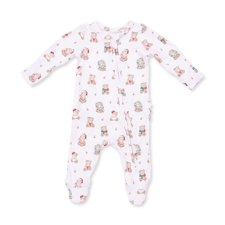 Angel Dear Christmas Teddy Bears Pink 2 Way Ruffle Back Zipper Footie