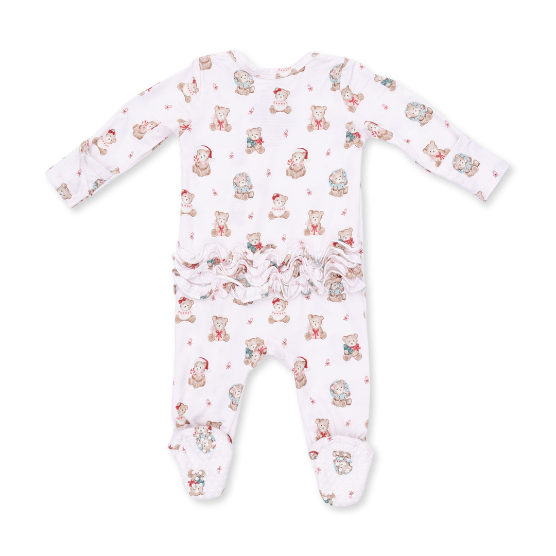 Angel Dear Christmas Teddy Bears Pink 2 Way Ruffle Back Zipper Footie