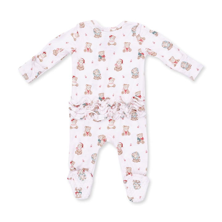 Angel Dear Christmas Teddy Bears Pink 2 Way Ruffle Back Zipper Footie