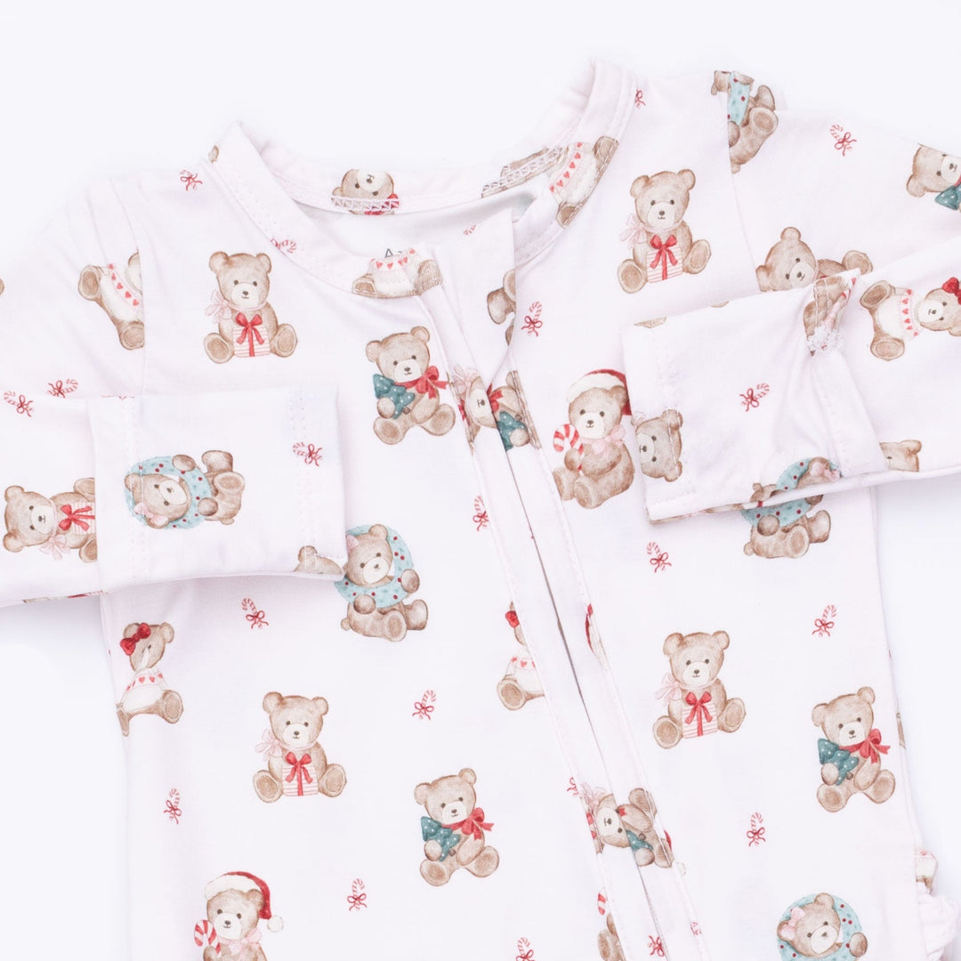 Angel Dear Christmas Teddy Bears Pink 2 Way Ruffle Back Zipper Footie