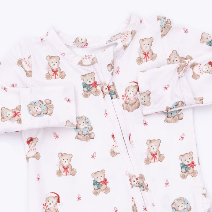 Angel Dear Christmas Teddy Bears Pink 2 Way Ruffle Back Zipper Footie