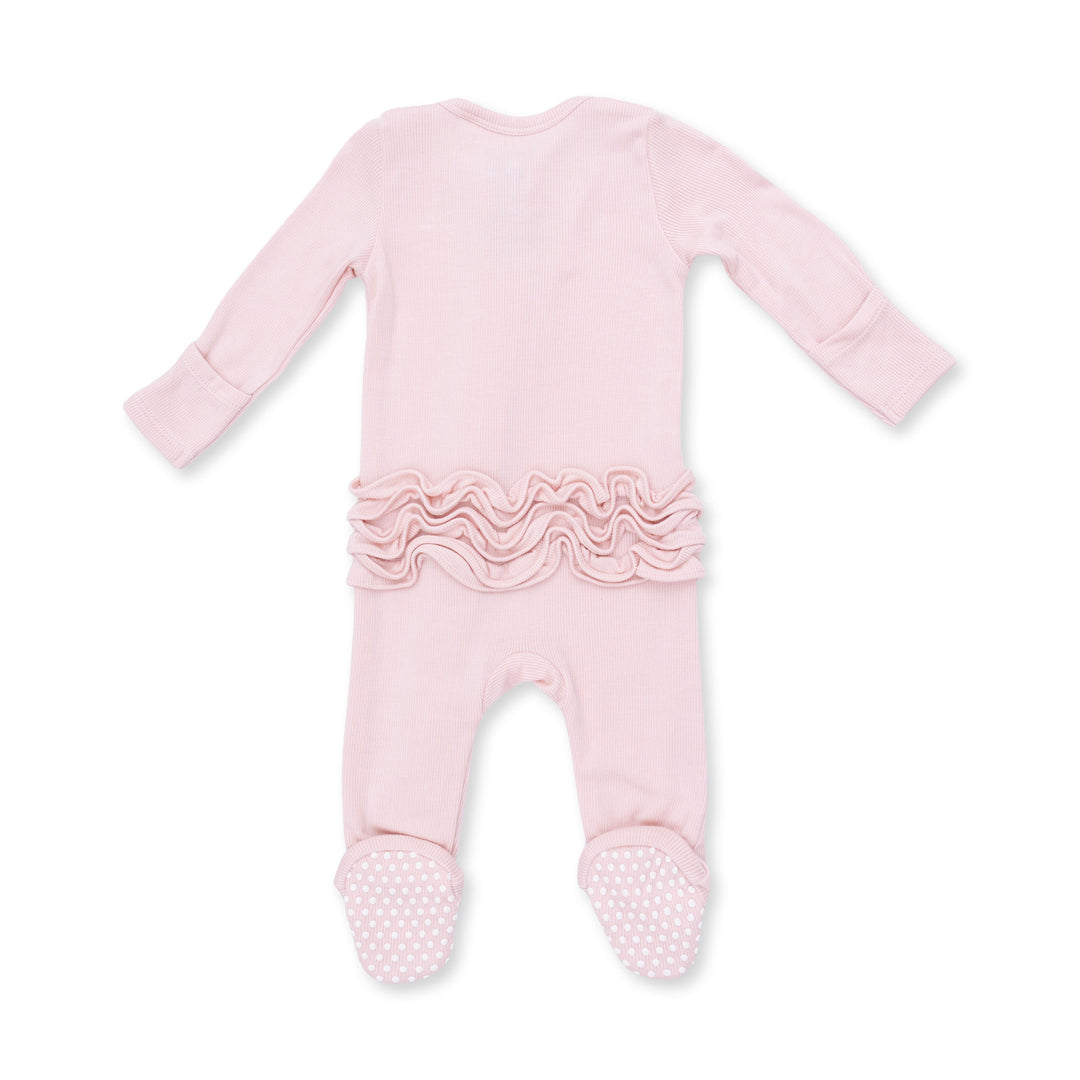 Angel Dear Solid Veiled Pink Rib 2 Way Ruffle Back Zipper Footie