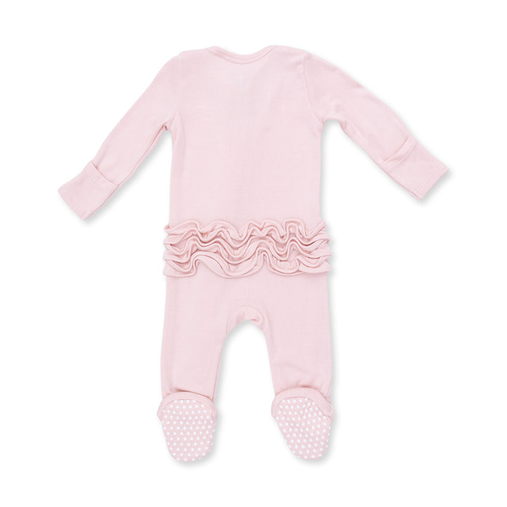 Angel Dear Solid Veiled Pink Rib 2 Way Ruffle Back Zipper Footie