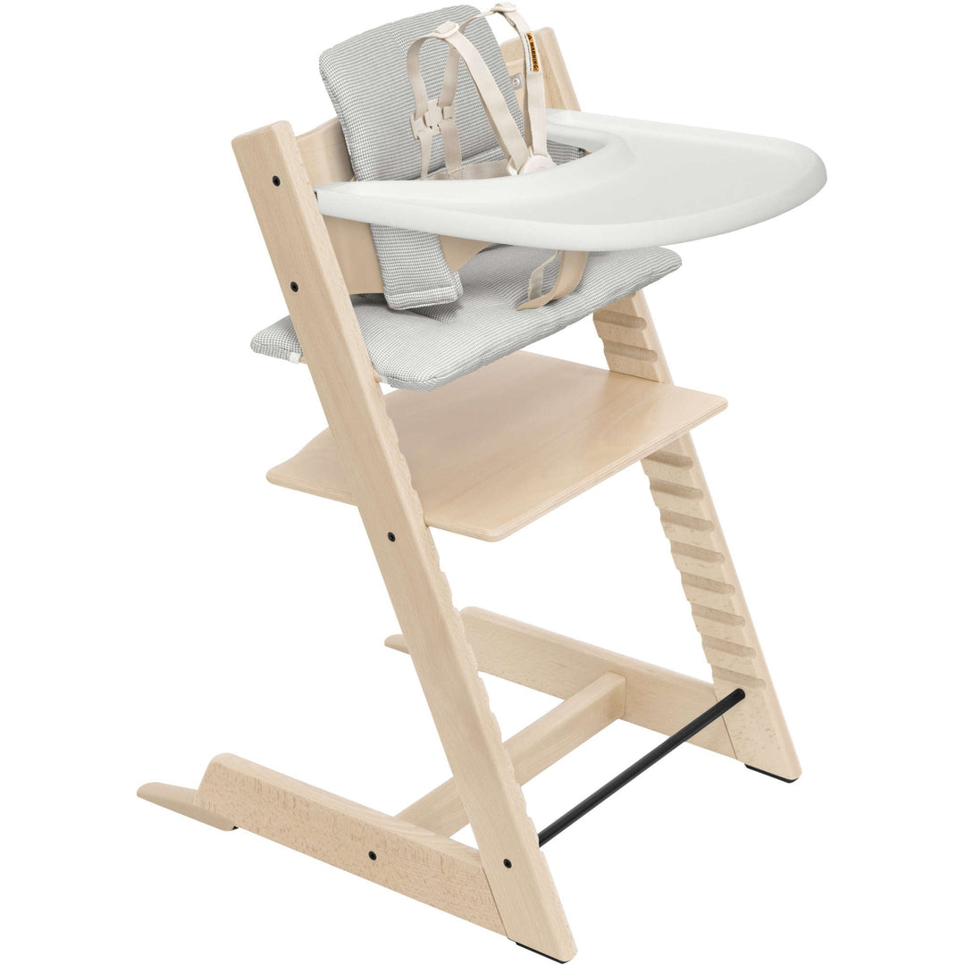 stokke babyschale Tripp Trapp High Chair² with Cushion + Stokke Tray Whitewash + Nordic Grey Cushion, White Tray