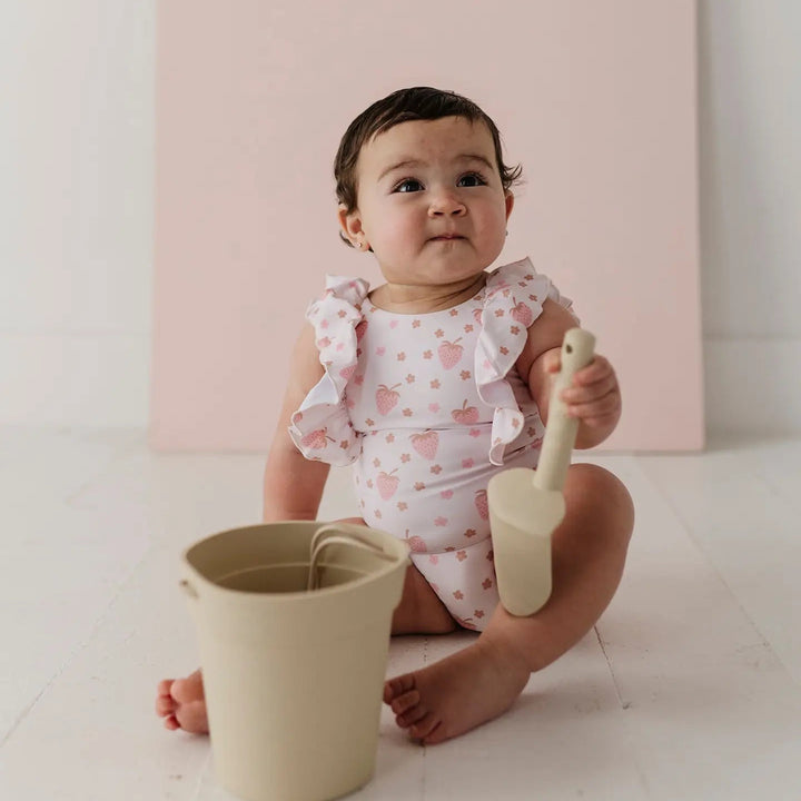 Ruffle Sleeve Cross Back Swimsuit - Strawberries