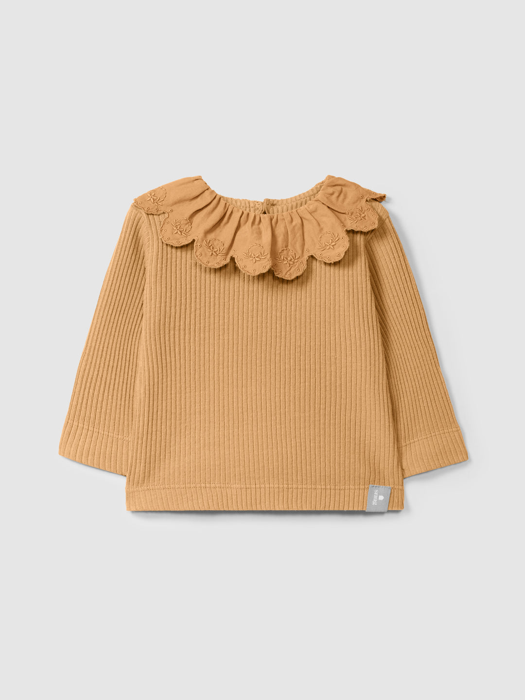 Ribbed Jersey Long Sleeve with Embroidery Collar - Almond