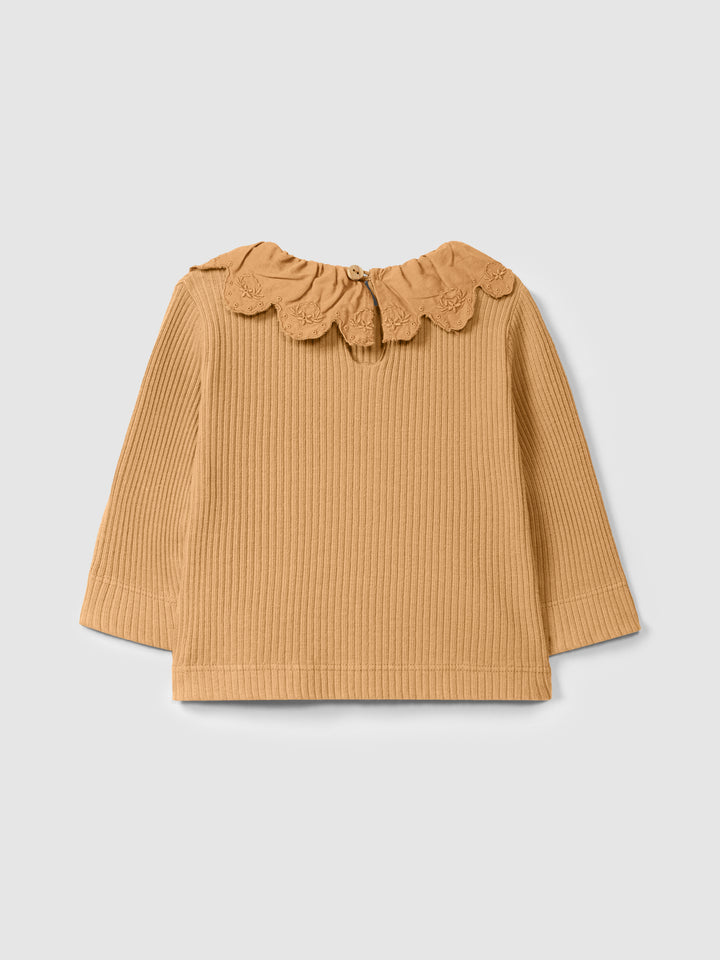 Ribbed Jersey Long Sleeve with Embroidery Collar - Almond