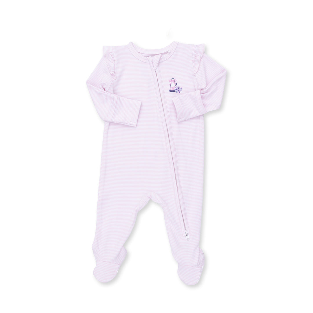 Angel Dear Cheer Pink Micro Stripe 2 Way Ruffle Sleeve Zipper Footie