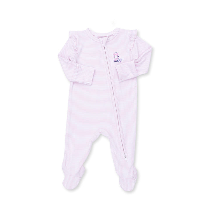 Angel Dear Cheer Pink Micro Stripe 2 Way Ruffle Sleeve Zipper Footie