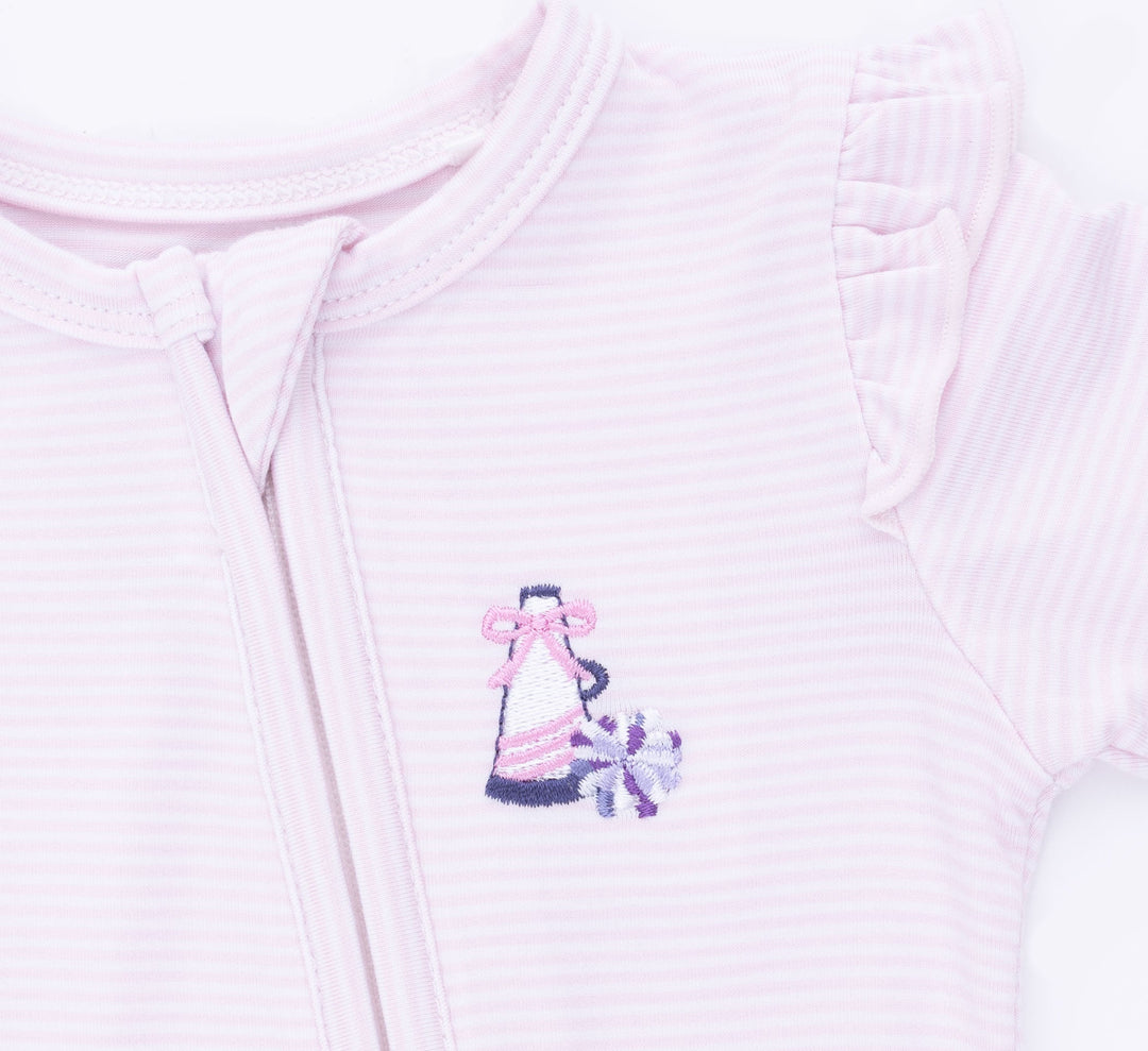 Angel Dear Cheer Pink Micro Stripe 2 Way Ruffle Sleeve Zipper Footie