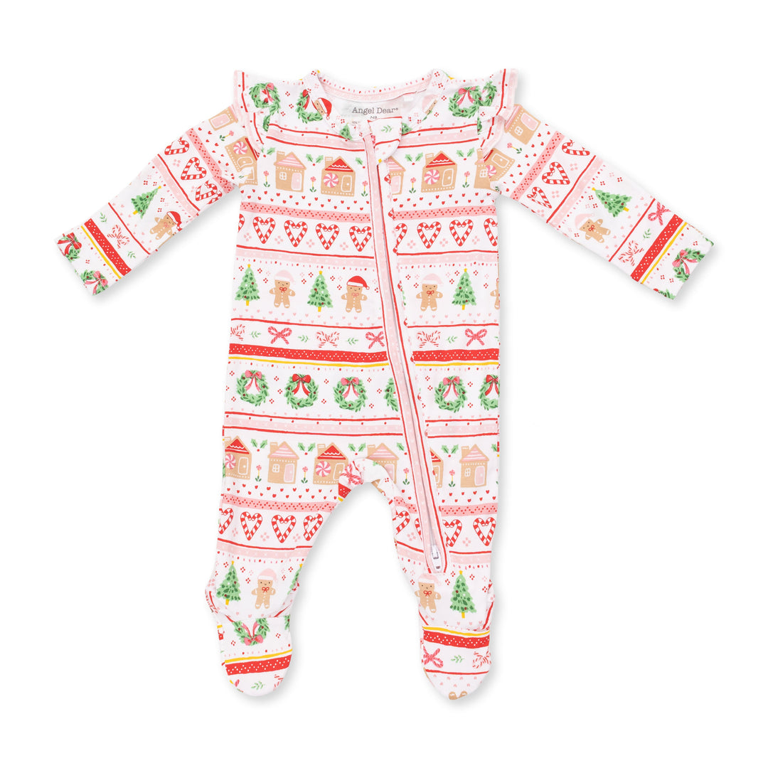 Angel Dear Gingerbread Fair Isle Pink 2 Way Ruffle Sleeve Zipper Footie