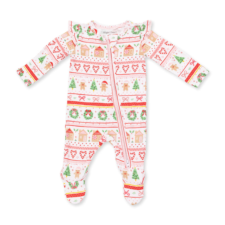 Angel Dear Gingerbread Fair Isle Pink 2 Way Ruffle Sleeve Zipper Footie
