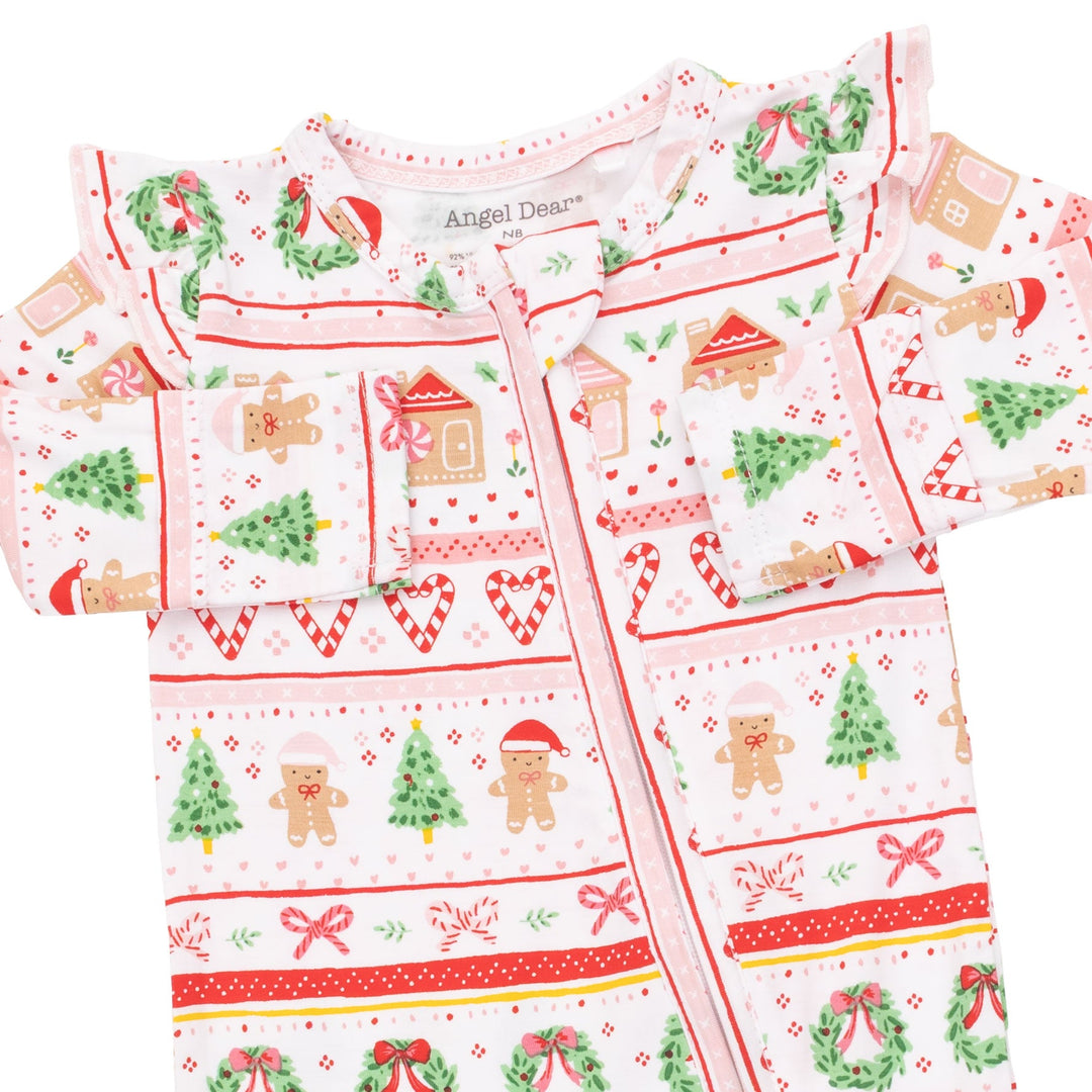 Angel Dear Gingerbread Fair Isle Pink 2 Way Ruffle Sleeve Zipper Footie