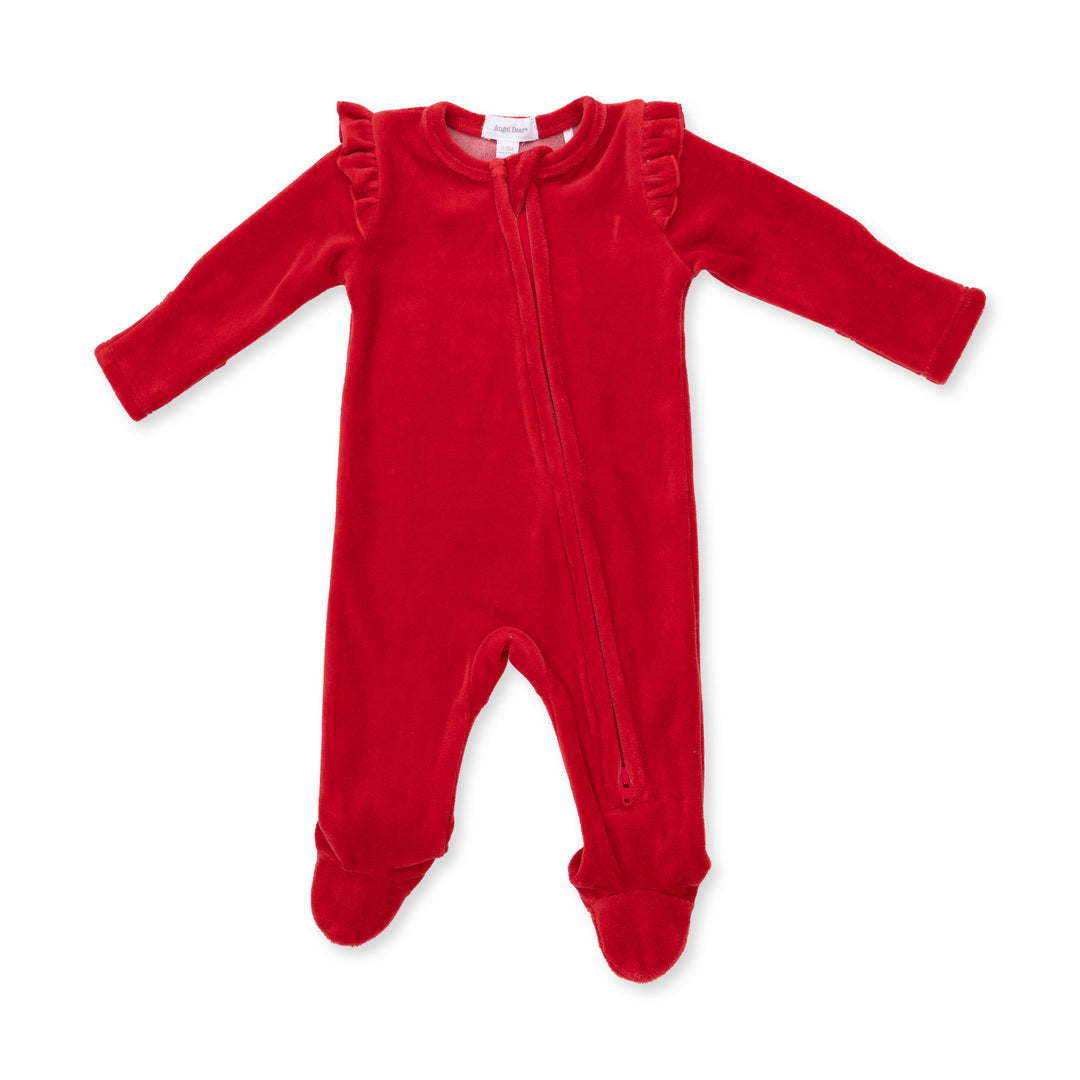 Angel Dear Velour Holiday Red 2 Way Ruffle Sleeve Zipper Footie