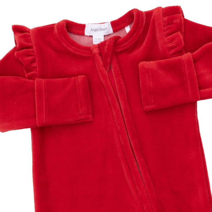 Angel Dear Velour Holiday Red 2 Way Ruffle Sleeve Zipper Footie