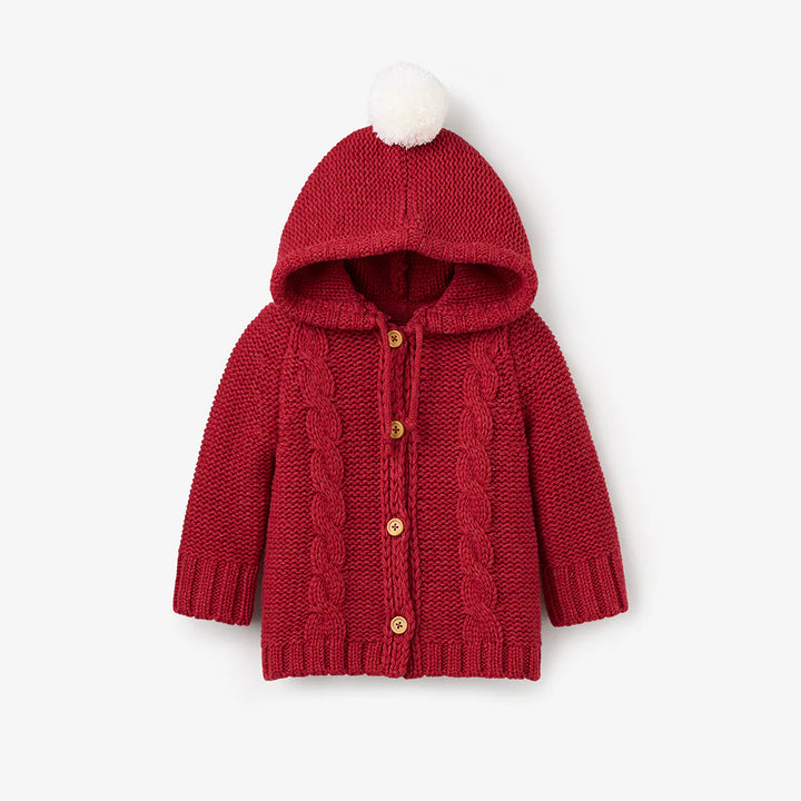 Hooded Cable Cardigan w/ Pom Red