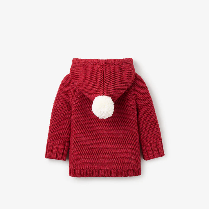 Hooded Cable Cardigan w/ Pom Red