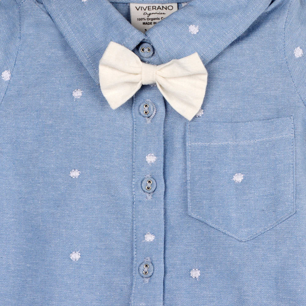 Isla Bowtie Chambray Romper - Ocean Blue