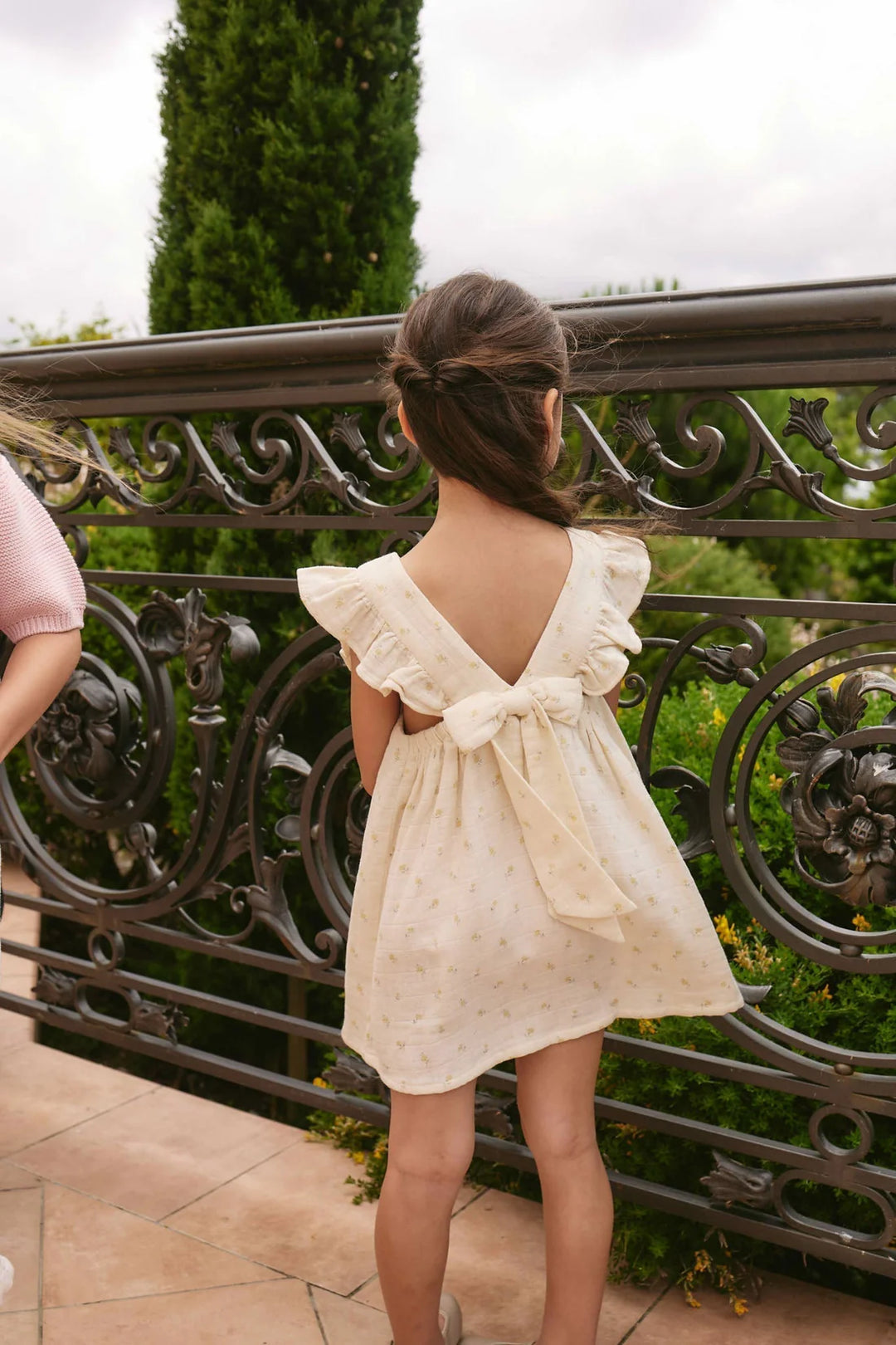 organic cotton muslin brielle dress - vintage ditsy Ditsy Floral Ruffle Cross Back Flare Baby Dress+Bloomer (Organic Muslin) Light Tan / 3-6M