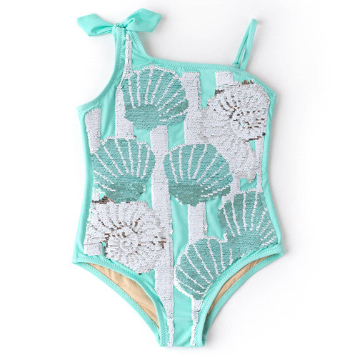 Mint Shells Girls Flip Sequin One Shoulder One Piece