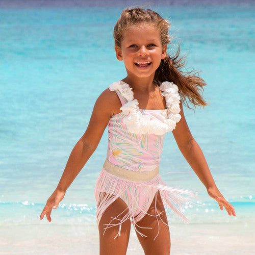 Pink & Green Metallic Hula One Piece & Skirt Swim Set