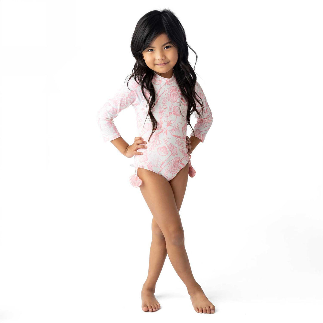 Seaside Toile L/S One Shoulder Swimsuit Set