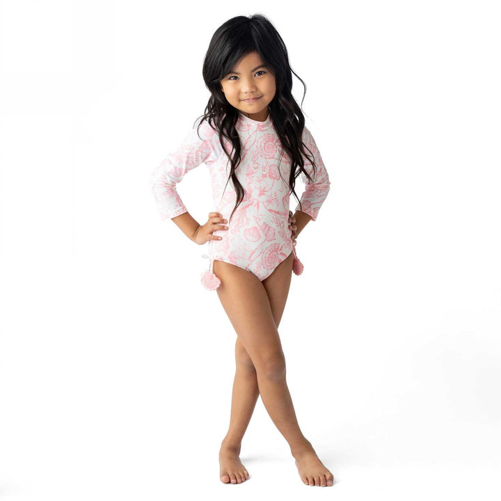 Seaside Toile L/S One Shoulder Swimsuit Set