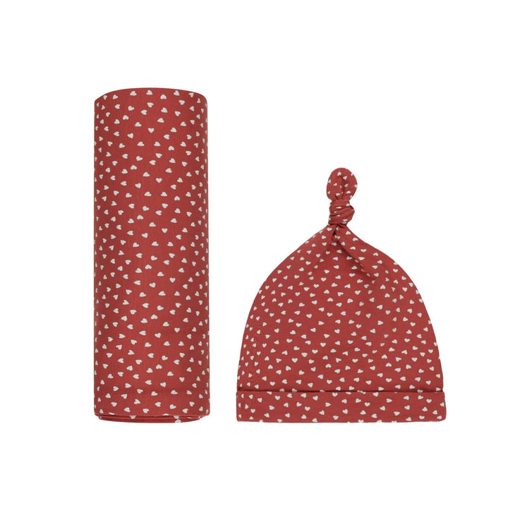 Bamboo Swaddle + Knotted Hat - Tiny Hearts