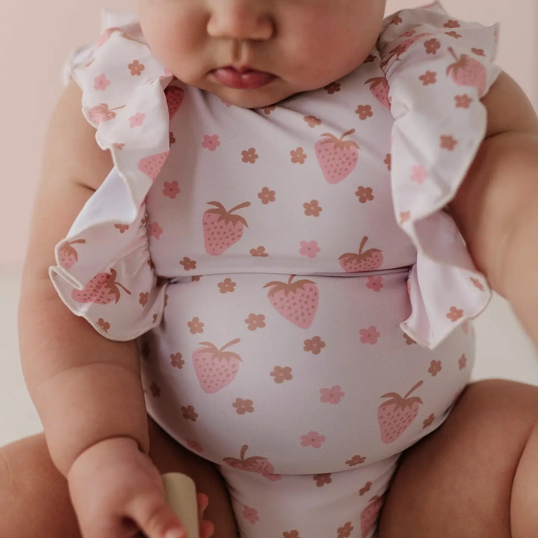 Ruffle Sleeve Cross Back Swimsuit - Strawberries