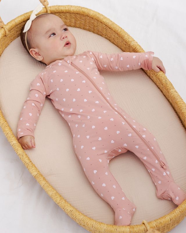 Bamboo Zip Footie - Pink Hearts