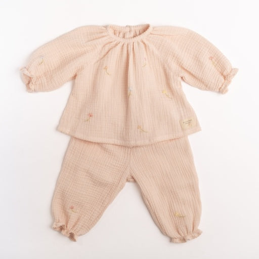 Gauze Two Piece Set - Embroidered Flowers