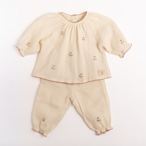 Gauze Two Piece Set - Embroidered Cherries