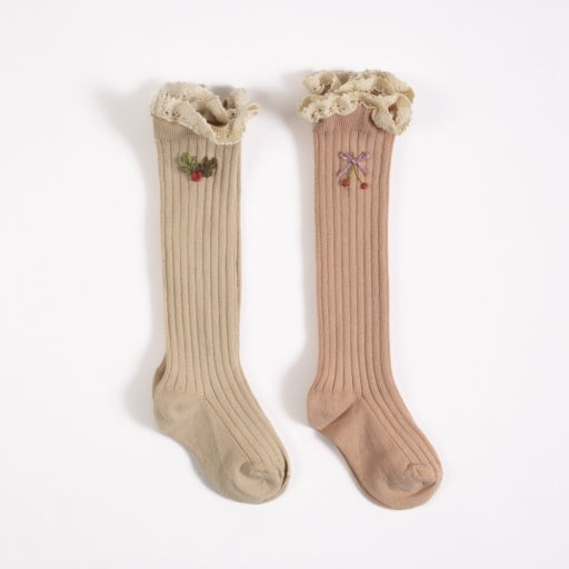 Embroidered Sock Set - Ecru/Dusty Pink image 1